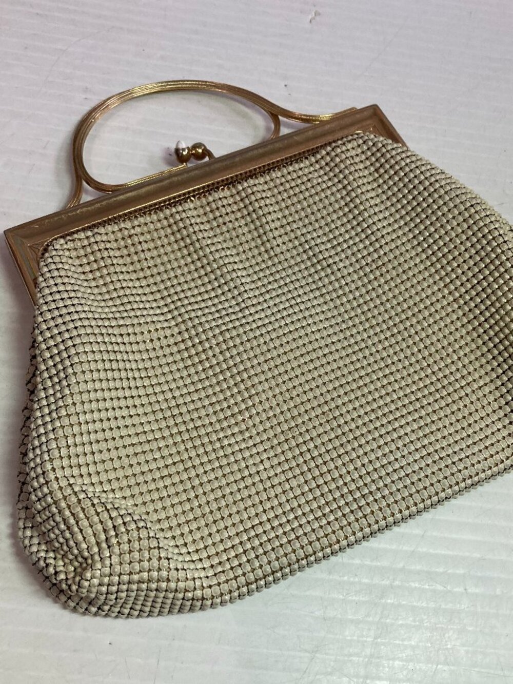 Whiting & Davis Mesh Gold Tone Metal Handle Evening Bag 8"
